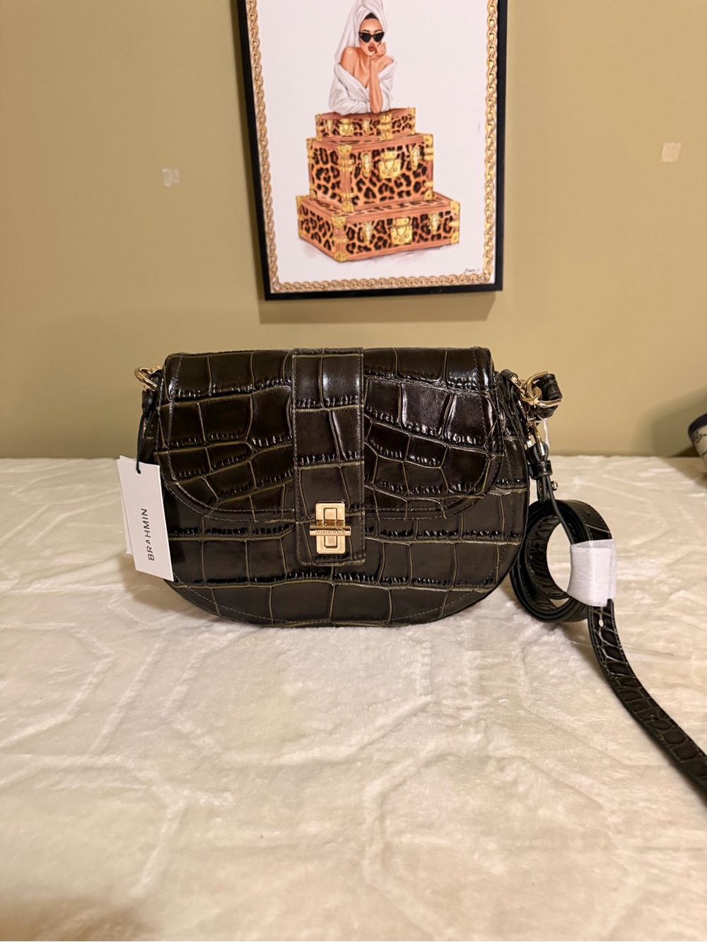 Brahmin Dark Green Croc-Embossed Crossbody with Gold Hardware